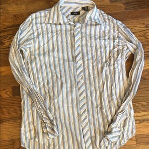 Hugo Boss Men's Blue and White Striped Button-Down Shirt